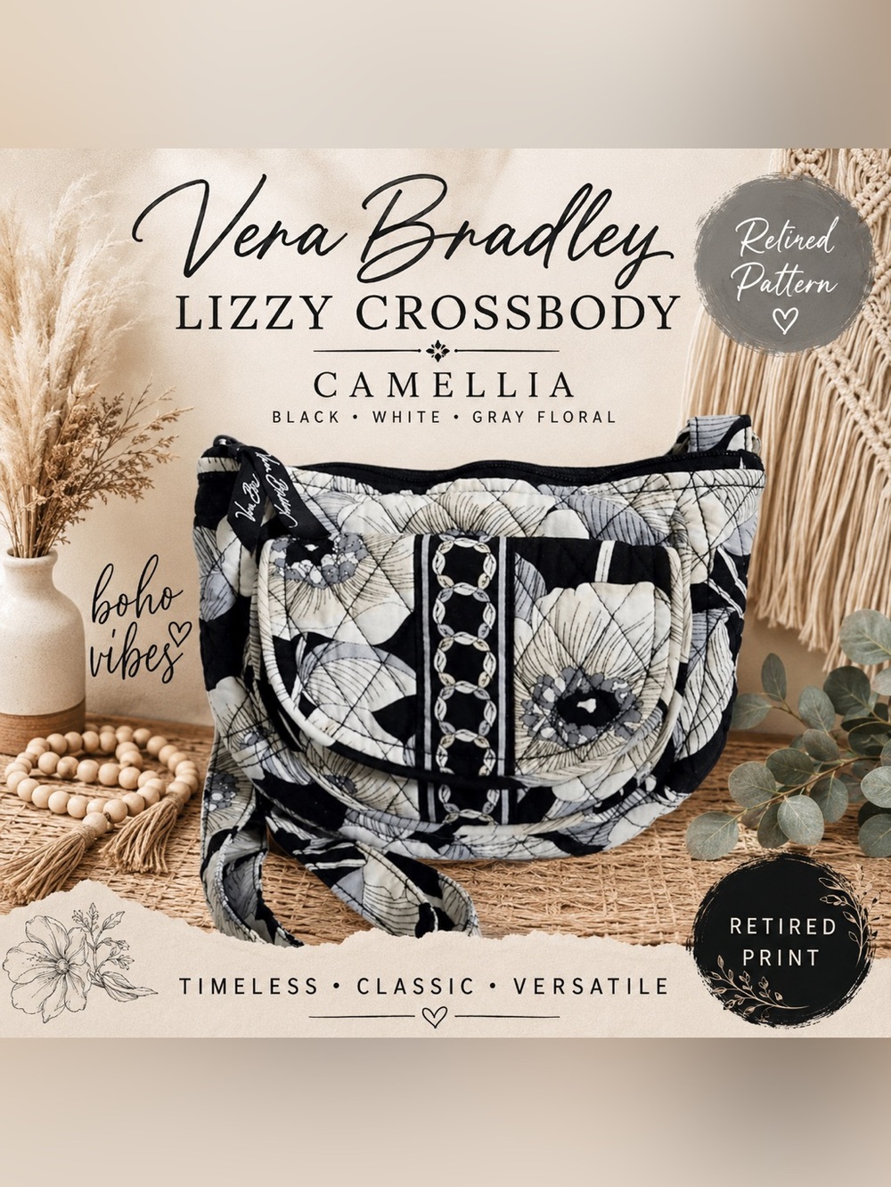 Vera Bradley Lizzy Crossbody Bag Camellia Floral Black White Gray Quilted Purse